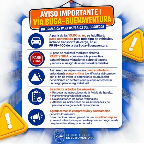 Habilitan paso controlado en la vía Buga–Buenaventura tras nuevos deslizamientos